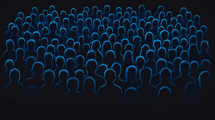 A diverse crowd illuminated in blue light during an evening event gathering in an urban setting