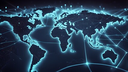 A glowing blue digital world map with connected lines, representing global interconnectedness.