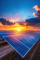 A stunning sunset scene featuring solar panels in a field, casting reflections under a vibrant sky filled with clouds. Environmentally friendly energy production.