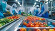 © VK Studio - Workers in protective gear sort a variety of fresh vegetables on an assembly line in a well-lit, modern food processing facility.