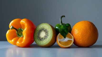 Wall Mural - A visually striking arrangement of fruits and vegetables, featuring vibrant orange bell pepper, kiwi, green bell pepper, and orange, against a plain backdrop.