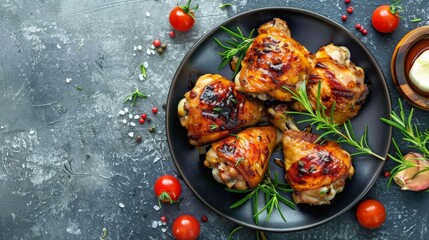 Wall Mural - A delicious plate of grilled chicken legs garnished with herbs and surrounded by fresh cherry tomatoes.