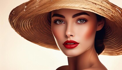 Stylish young woman poses elegantly in a chic straw hat and red lipstick, exuding beauty and glamour. Perfect for summer and skincare themes