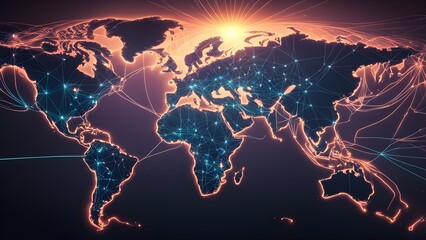 Wall Mural - A glowing world map with interconnected lines representing global networks and connections.