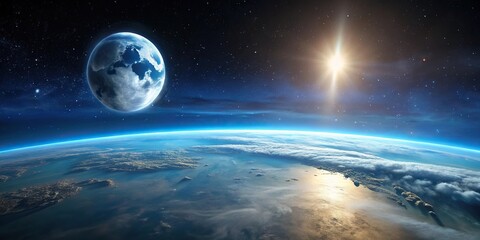 Horizon of planet earth with luminous atmosphere and distant moon