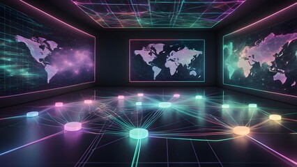 A network of glowing nodes connect on a dark floor with a world map projected on each wall.