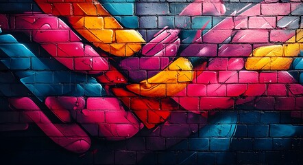 This vibrant graffiti artwork on a brick wall showcases an abstract design with dynamic streaks of yellow, pink, and blue paint.