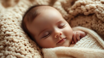 Poster - A baby sleeps peacefully in a basket, wrapped in a soft blanket.