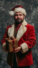 Canvas Print - A man in a festive outfit holding a holiday present.