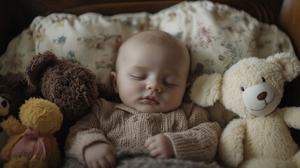 Canvas Print - A baby sleeps peacefully, curled up on a soft white blanket.