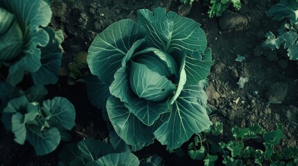 Canvas Print - A singular cabbage plant radiating with health amidst neatly tended garden rows, its green leaves contrasting vividly against the rich, brown soil.