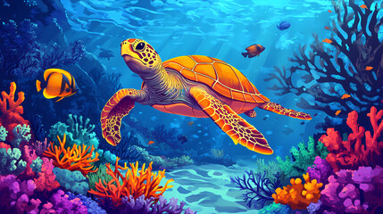 A turtle among colorful corals and colorful fish and sea animals in the ocean. Tropical Lagoon. Illustration