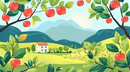 Flat vector illustration of ripe beautiful apple fruit on tree with farm land mountain