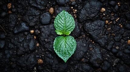 A solitary green plant with vibrant leaves emerges from a bed of dark, rough textured soil, symbolizing resilience and growth amidst adversity.