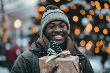 Sticker - A man smiling while holding a Christmas present.