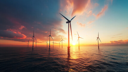 Wind turbines stand tall against a vibrant sunset.