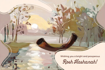 greeting card, Shofar and Autumn Landscape for Rosh Hashanah Wishes