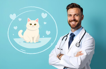 Wall Mural - a male veterinarian on a blue background with an illustration of a cat