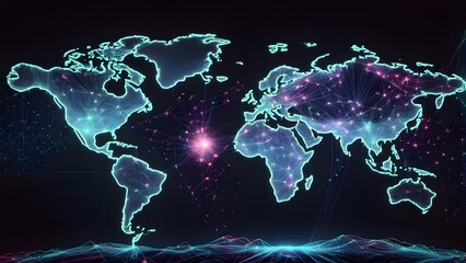 A glowing outline of the world map with connected lines representing network connections.