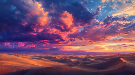 A dramatic stock photo of an expansive desert landscape with rolling sand dunes under a vibrant sunset sky. Rolling Dunes. Illustration