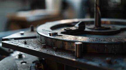 Wall Mural - Detailed close-up of mechanical parts, featuring gears, metal structures, and precision instruments under studio lighting, symbolizing intricate engineering.