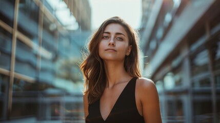 A young woman with sunlit hair stands confidently between modern buildings, radiating a sense of empowerment and determination in a fresh urban setting.