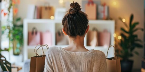 Poster - A woman sits in a room with a bunch of shopping bags