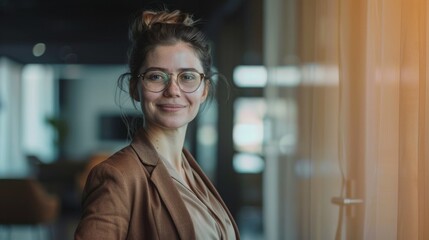 Sticker - A cheerful woman in glasses and a brown blazer standing by a window, bathed in warm light, portraying a positive and welcoming attitude in a cozy office space.