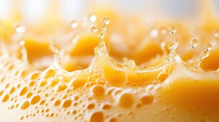 A high-definition close-up of a juice splash showing intricate details of air bubbles and liquid movement, embodying freshness, vitality, and the natural zest of citrus juices.