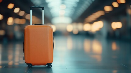 An orange suitcase is placed in an empty airport departure hall with the handle extended, representing a moment of quiet anticipation before travel begins in a modern setting.