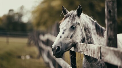 A speckled gray horse rests its head on a wooden fence, gazing pensively, symbolizing peace and contentment in a rural setting.