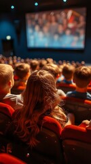 A woman with long hair sits in a movie theater with a crowd of people