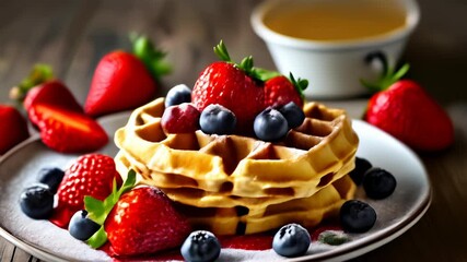 Canvas Print -  Deliciously sweet waffles strawberries and blueberries perfect for a sunny morning