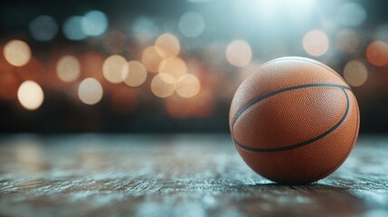 A close-up view of a basketball on a basketball court, with beautiful bokeh lights in the background giving a vibrant and energetic feel to the image.