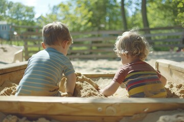 Poster - Two young children are playing in the sand, one of them wearing a striped shirt