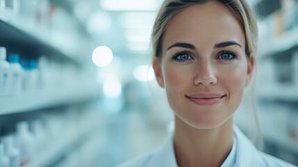 A friendly healthcare worker in a modern pharmacy setting, exuding warmth and professionalism, embodying trust, care, and the importance of community health services.