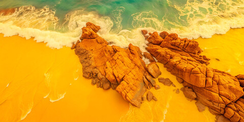 Clear waves crashing against the orange sandy beach and emerald green sea. Top view.