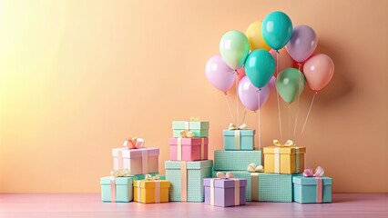 Stacked pastel gift boxes with bows and colorful balloons on a warm, peach background.