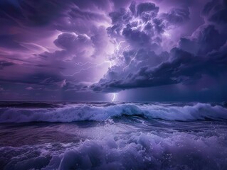 Wall Mural - Dramatic lightning strike over stormy ocean waves, nature's raw power, seascape photography