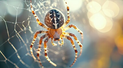 A close-up of a spider on a web with a clean, blurred background, providing ample space for adding text. -