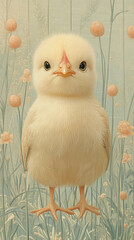 Wall Mural - A fluffy baby chick stands in a field of flowers.