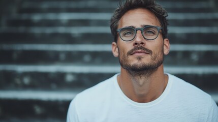 A man wearing a white shirt and eyeglasses stands on stairs, gazing upwards with a sense of hope and anticipation in an expressive, contemporary style.