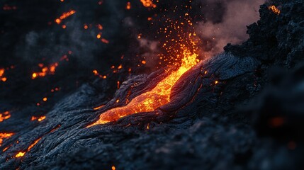 A close-up of lava pouring from a s crater with a dark sky and room for text.