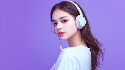 woman with headphones in purple background