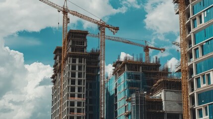 A construction site with cranes and scaffolding, with ample open space in the sky for adding text.