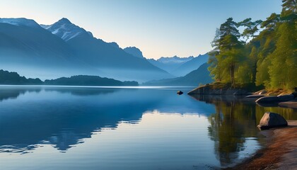 Poster - Serene morning reflections of layered mountains by a tranquil lake