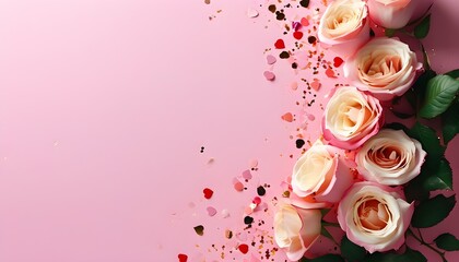 Wall Mural - Valentines Day frame adorned with rose flowers and confetti on a soft pink backdrop