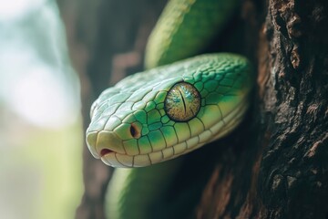 Wall Mural - Green Snake on a tree .generative ai