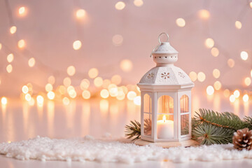 A cozy winter lantern illuminating delicate snowflakes and evergreen accents amidst twinkling holiday lights for a serene ambiance. Generative AI