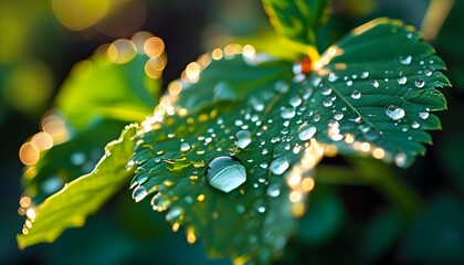 Canvas Print - Glowing Water Droplets Adorning Vibrant Green Leaves in Backlight